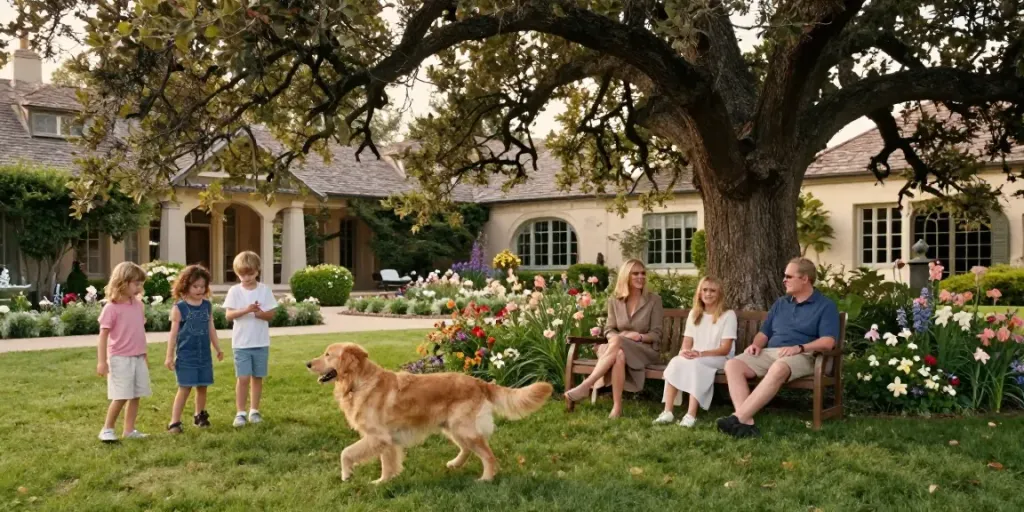 Tucker Carlson Wife Heiress Net Worth illustrated in a serene garden scene with family happiness and luxury.