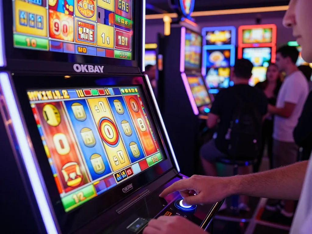Player spinning vibrant slots at OKBAY, capturing excitement in dynamic casino scene.