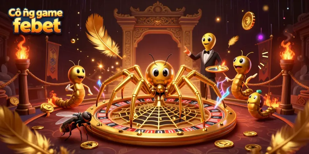 Place bets at Cổng game febet with an ambitious fly nervously surrounded by a vibrant casino scene.