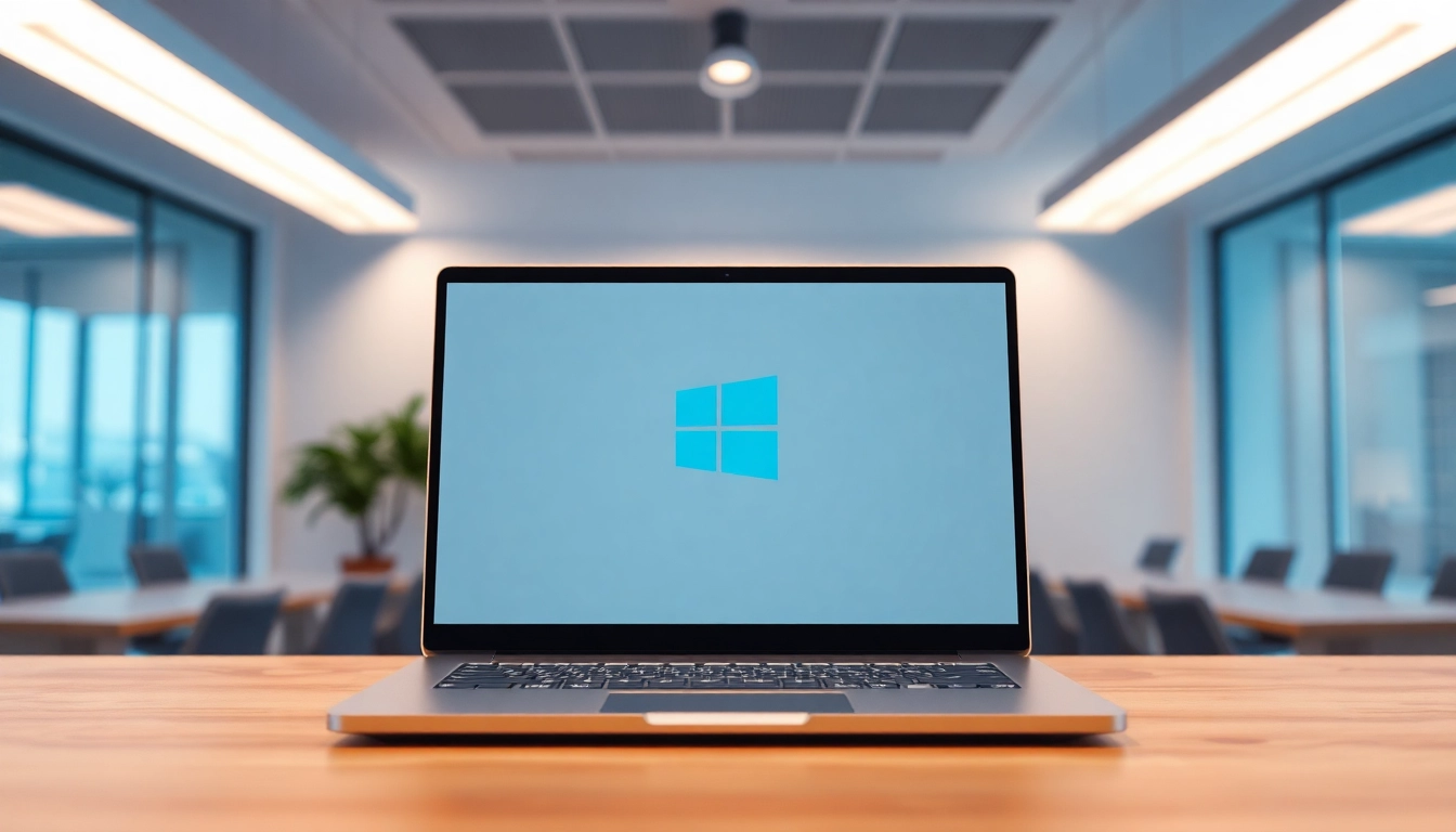 Herunterladen von Windows 11 auf einem modernen Laptop in einem freundlichen Büro.