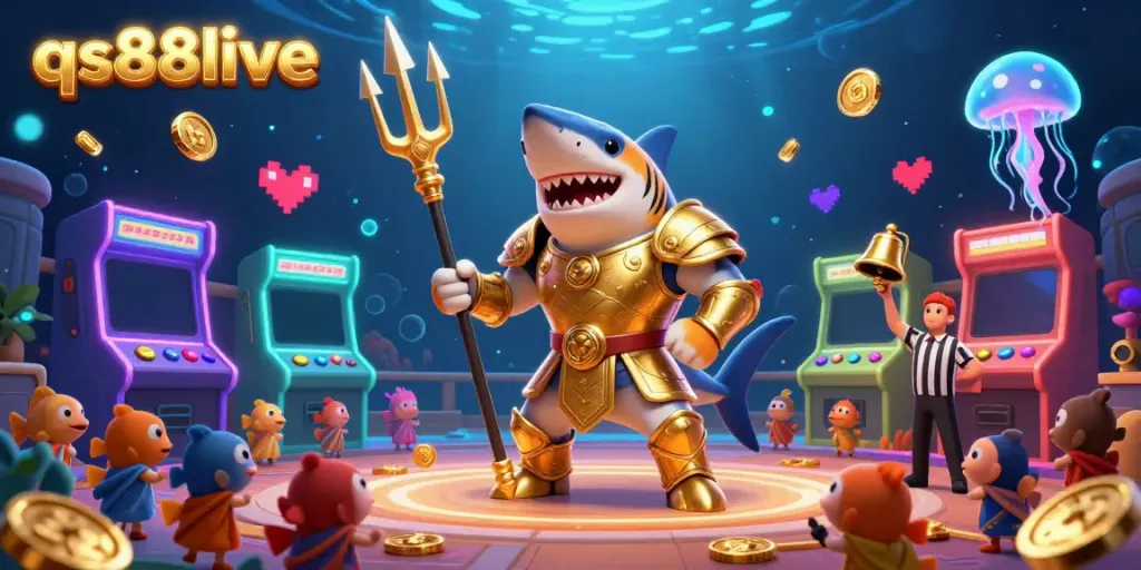 Win big with qs88live in a vibrant underwater casino scene featuring a tiger shark and colorful game elements.