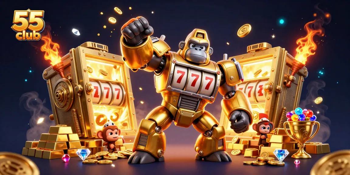 Experience the thrill at 55 club with a dynamic transformer-style mech and jackpot elements bursting with excitement.