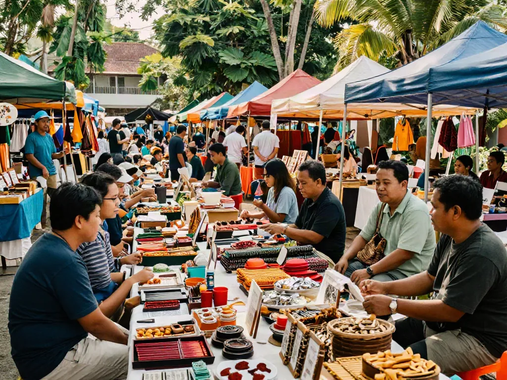 Supporting local artisans at a vibrant Indonesian market, highlighting rokok88's commitment.