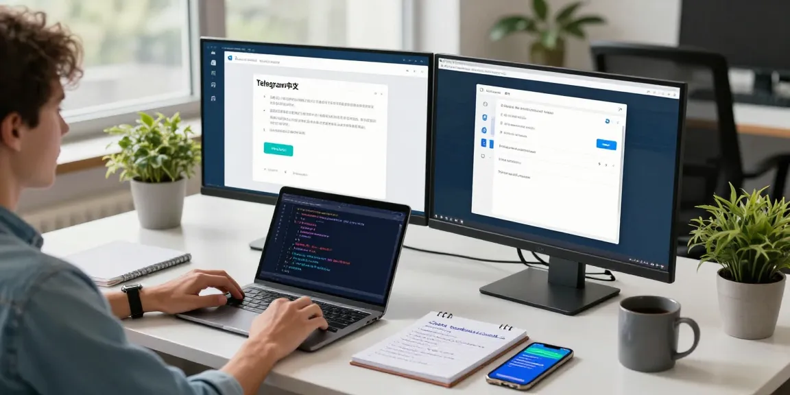 Setting Telegram中文 in a modern workspace with dual monitors and tech elements, showcasing the setup process.
