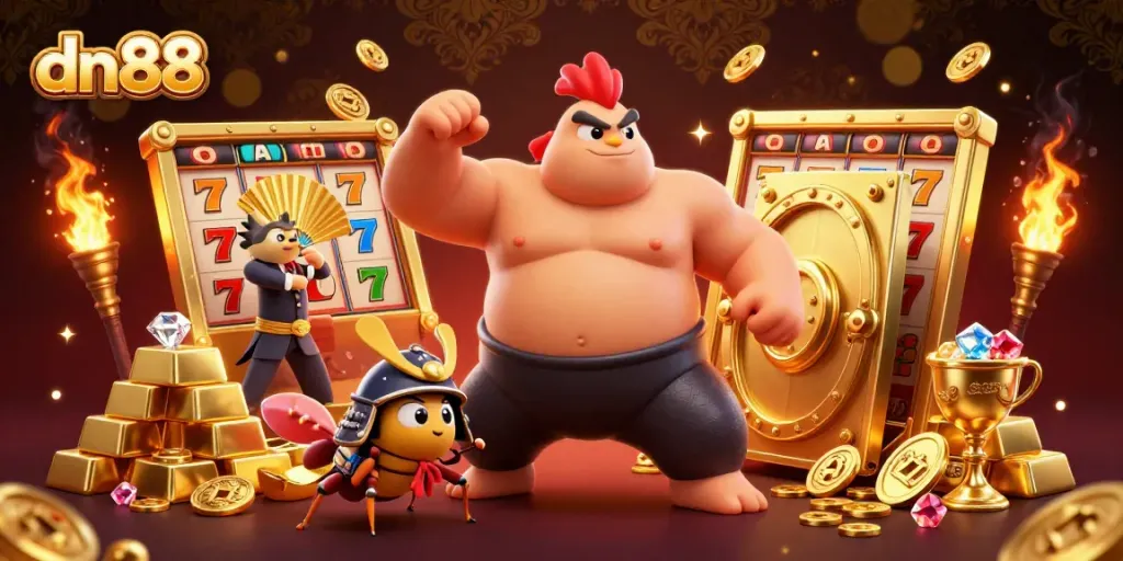 Experience exciting gameplay at dn88 with a dynamic illustration of a powerful rooster sumo wrestler, surrounded by casino-themed treasures.