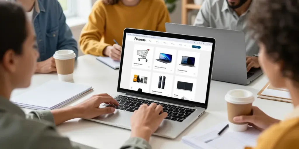 Showcasing diverse Produkte in an engaging e-commerce environment with shoppers analyzing selections on a laptop.