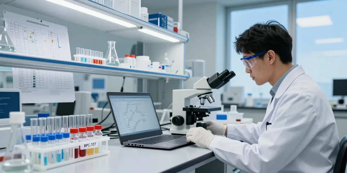 Lab scientist analyzing BPC-157 compounds at koipeptidescanada.com/bpc-157-canada, surrounded by vials and chemical data.