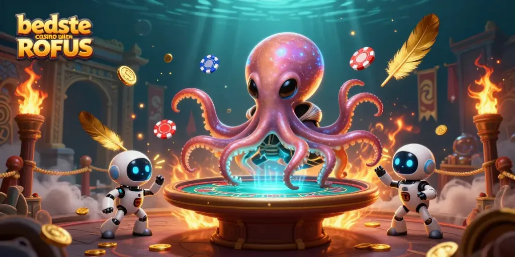Experience the excitement at bedste casino uden ROFUS with a vibrant alien poker scene featuring an octopus and robot.