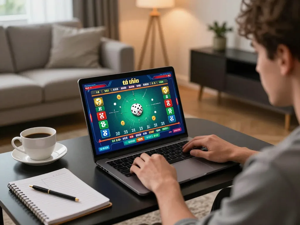 Player enjoying tài xỉu online game at home with laptop and strategic notes, engaged in the excitement.