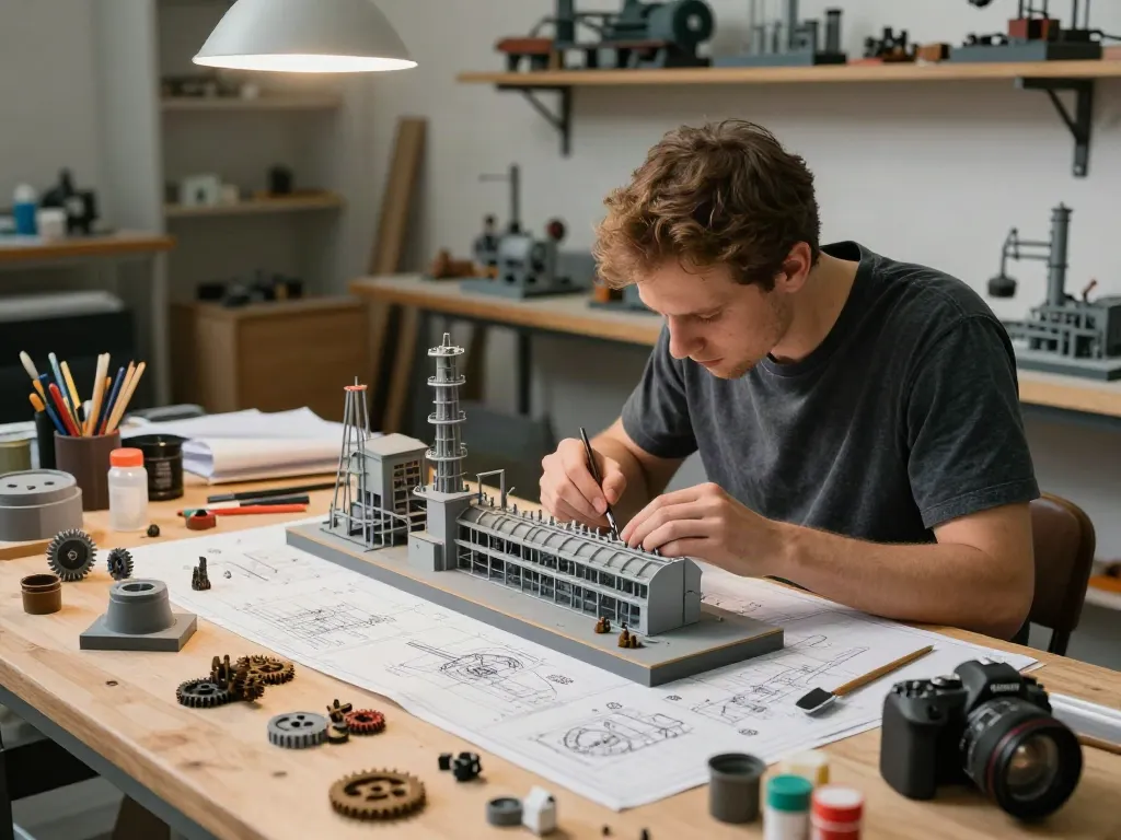 Detailreicher Industrie Modellbau mit Handwerker, präzise Modelle und Pläne sichtbar.