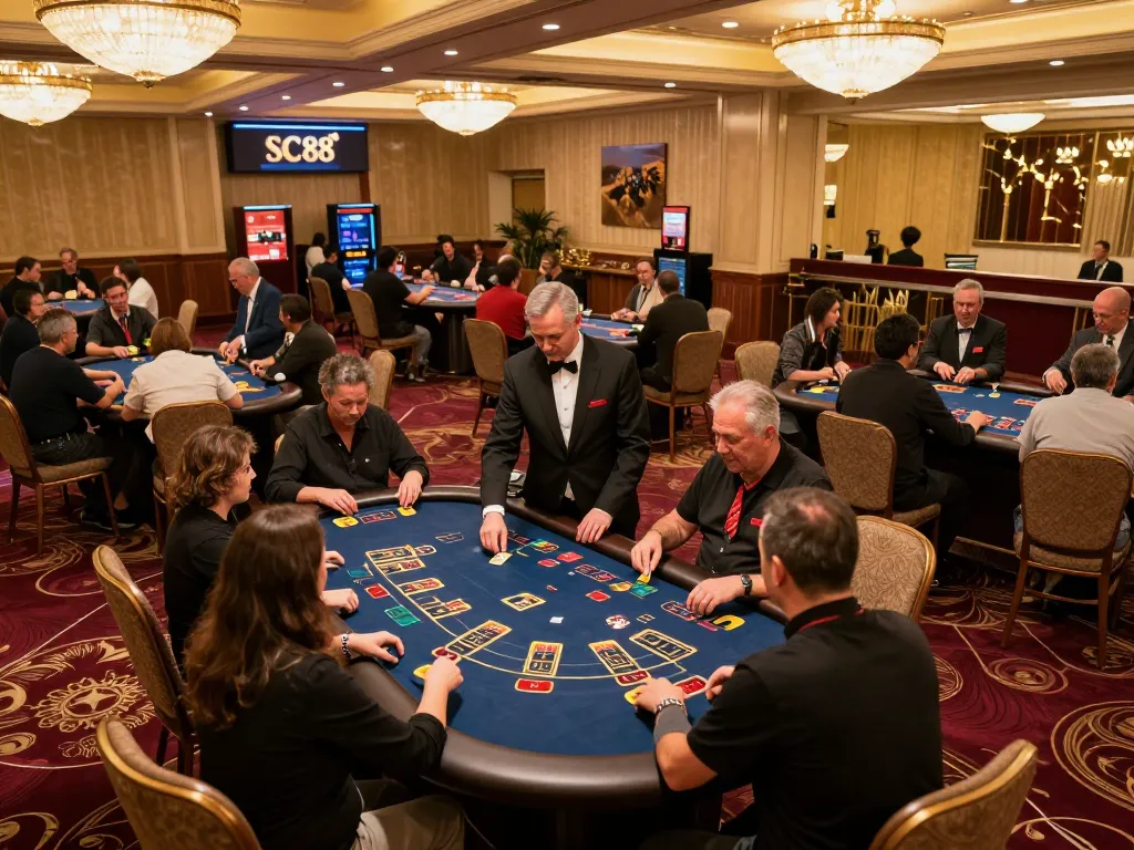 Players strategizing and placing bets at SC88 Gold casino tables in an upscale gaming environment.