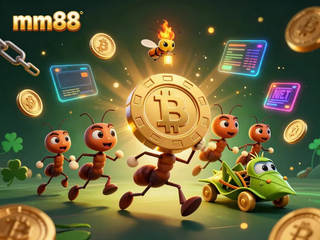Experience mm88's exciting heist with ants carrying a giant poker chip alongside crypto elements