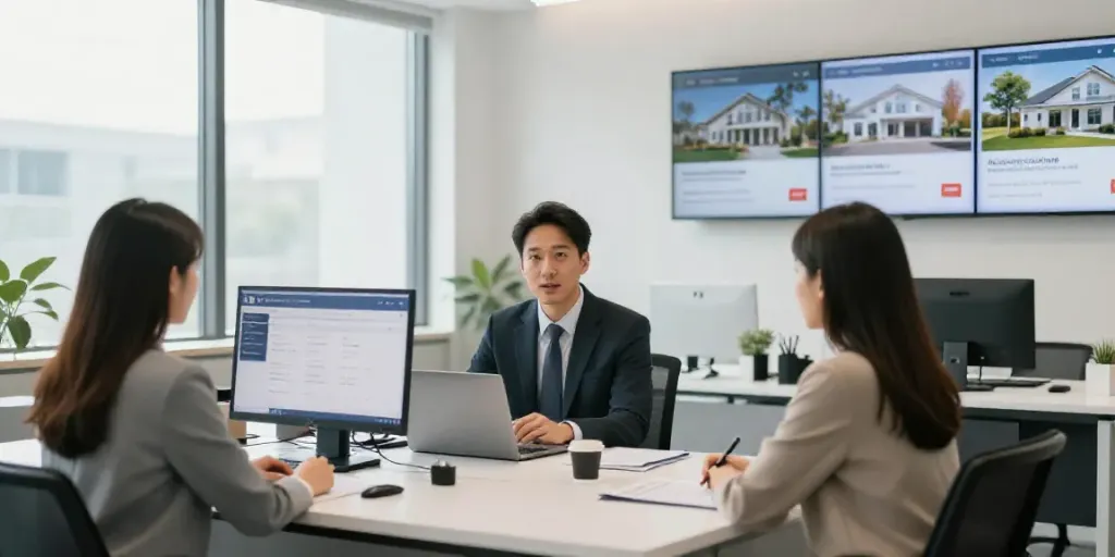 Immobilie verkaufen Karlsruhe: Moderne Beratung im Immobilienbüro mit digitalen Plattformen.