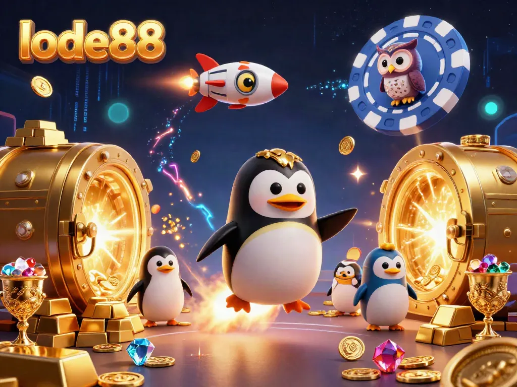 Experience the excitement of lode88 with a golden penguin soaring towards a thrilling casino space station amidst treasures.