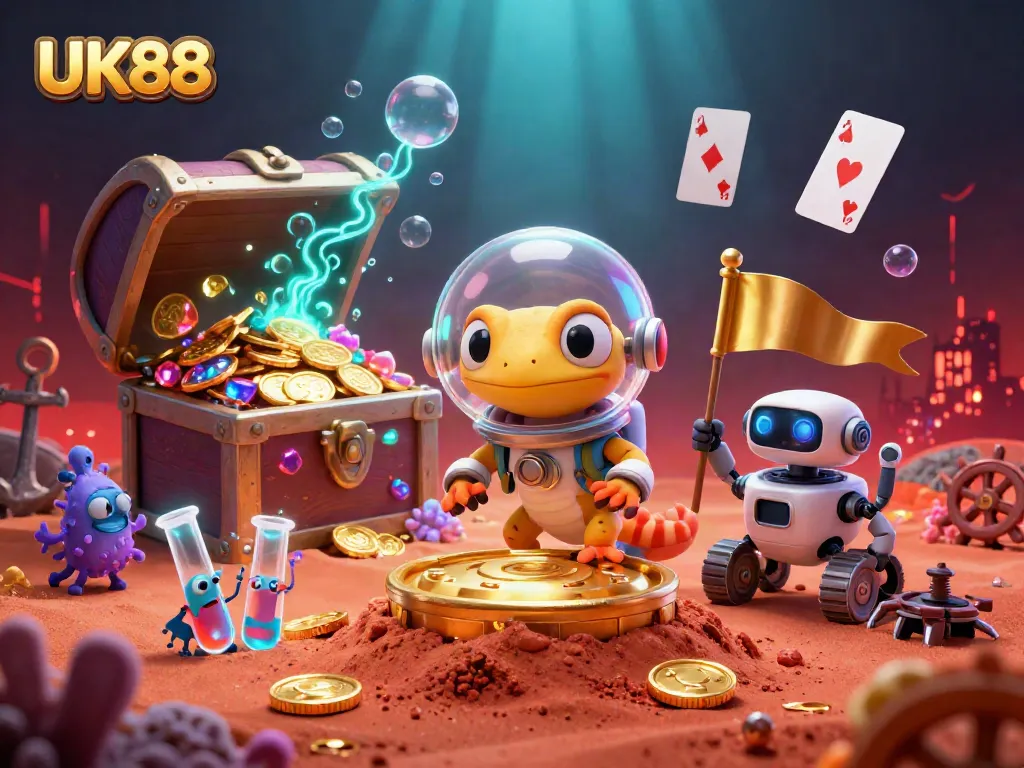 Experience the excitement of UK88 as the Martian gecko discovers a vibrant golden casino amidst a rich underwater scene.