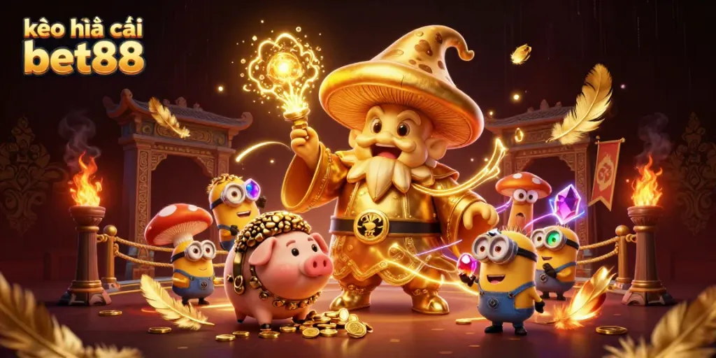 Engage with kèo nhà cái bet88 in a vivid fantasy casino scene featuring a golden wizard and treasure-seeking pig.
