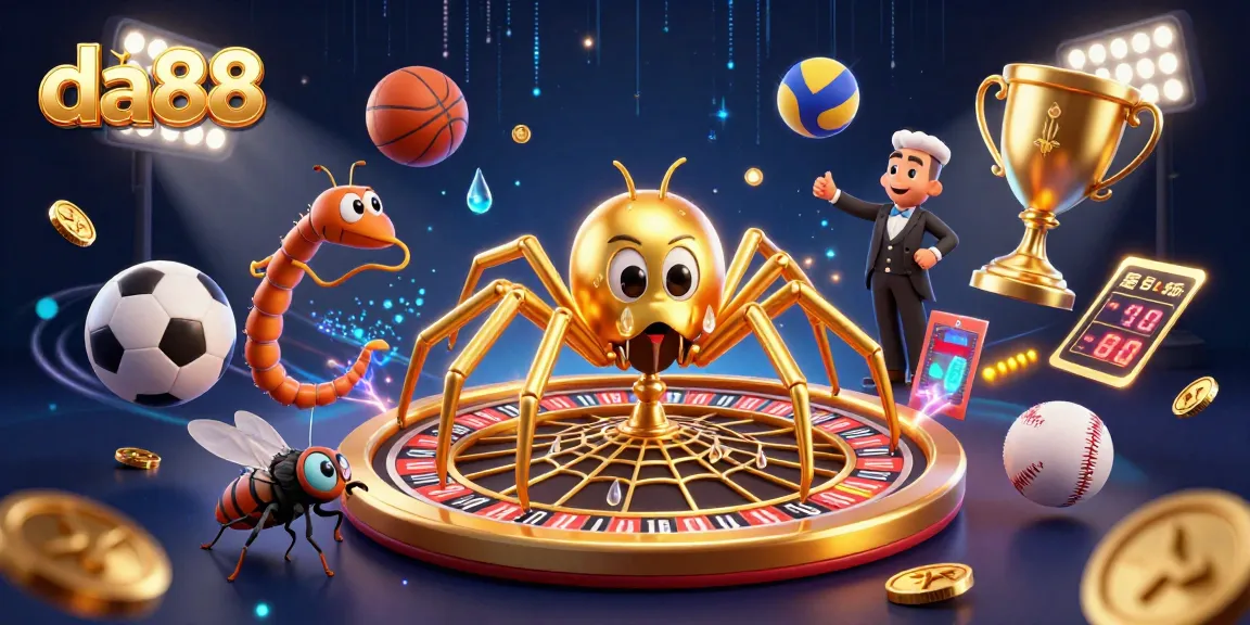 Bet big at da88 with the golden spider spinning roulette alongside excited players and sports action.