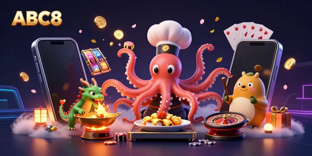 Engage in jackpot excitement with ABC8 visuals featuring vibrant characters and casino elements.