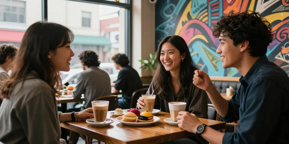 A vibrant café scene at ROKOK88 with friends enjoying coffee and pastries in a lively atmosphere.
