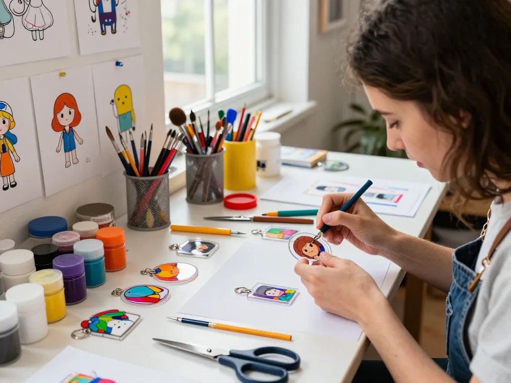 A designer crafting acryl schlüsselanhänger selbst gestalten in a vibrant art studio, showcasing creativity and customization.