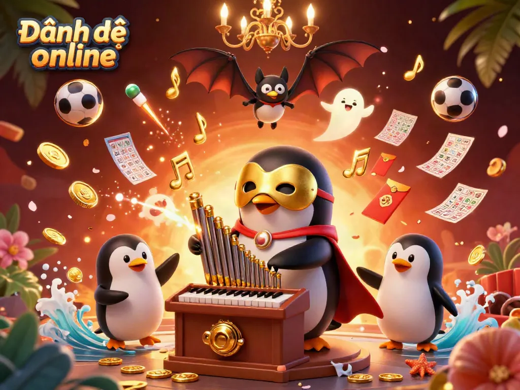 Engage in Đánh đề online with vibrant lottery elements and a dynamic scene of animated characters.