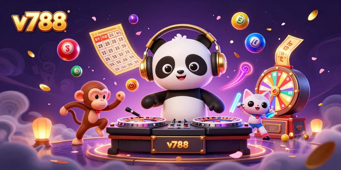Experience thrilling gaming action at v788 with a DJ panda, dancing monkey, and glowing kitten amidst vibrant casino elements.
