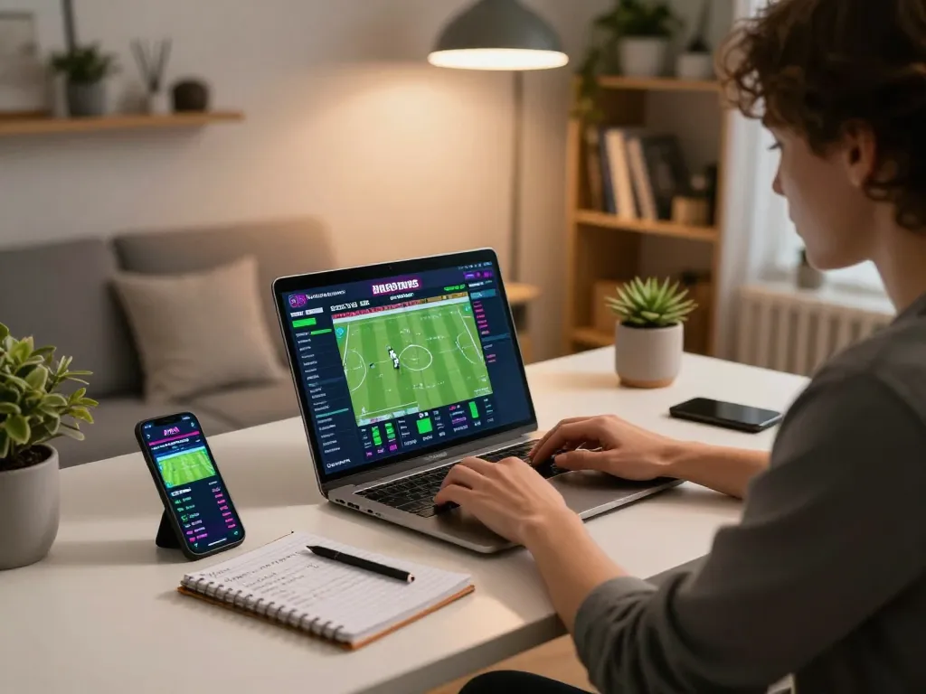 Tỷ lệ kèo nhà cái displayed on a modern laptop during a focused online sports betting session in a cozy home office.
