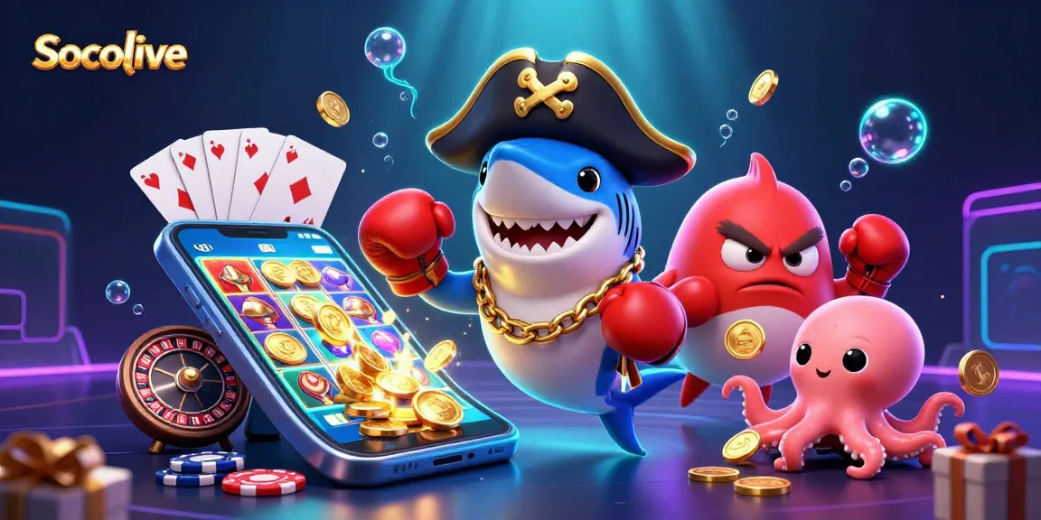 Socolive showcases lively animated characters engaged with colorful slot game designs and gold coins