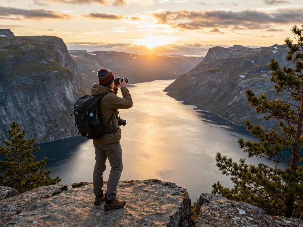 Reisetipps Skandinavien, die einen Reisenden an einem malerischen Fjord in Norwegen während des Sonnenuntergangs zeigen und Abenteuer verkörpern.