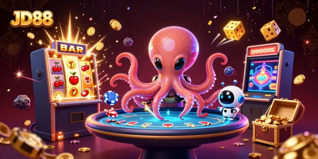 Experience JD88's thrilling 3D casino adventure with an alien octopus at a holographic poker table.