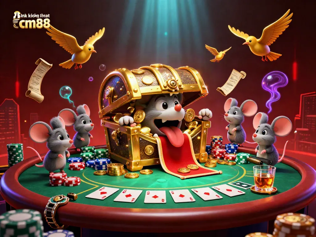 Engage with the dynamic casino world featuring link không chặn cm88 in a vibrant 3D treasure chest scene.