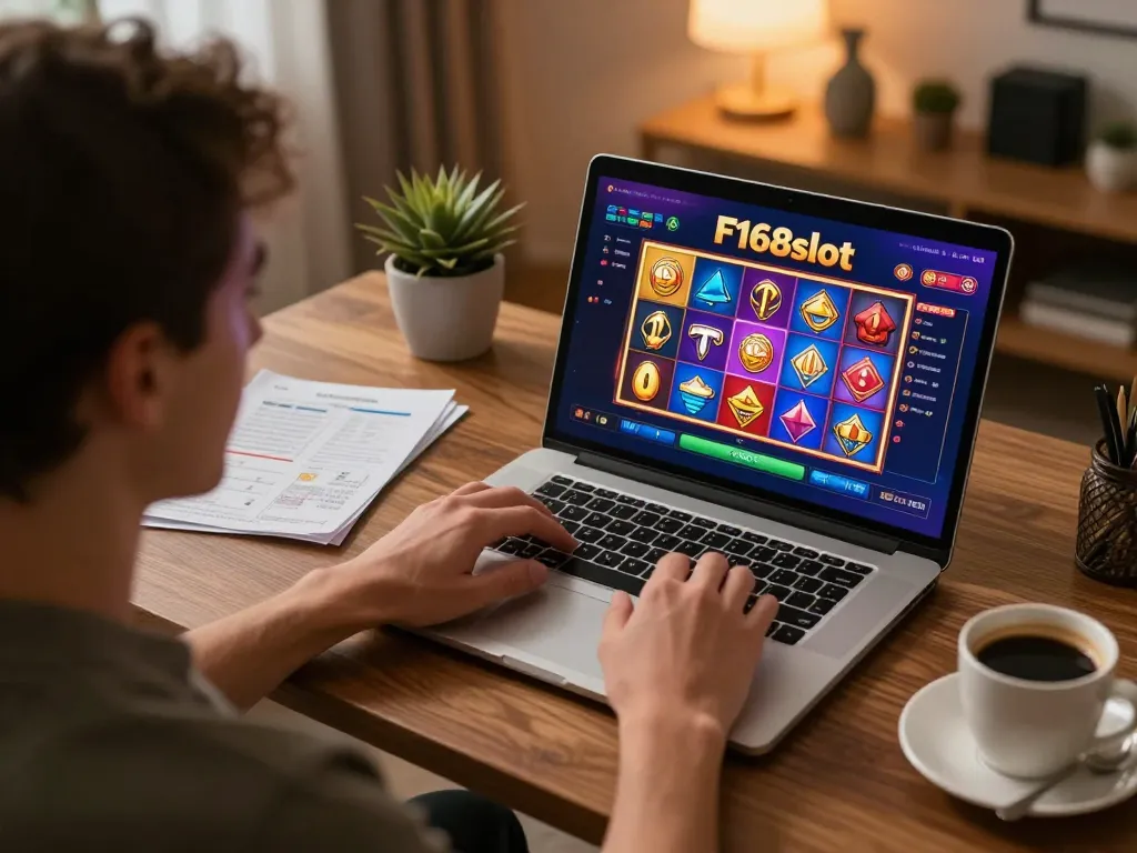 Engaging in online gameplay on f168slot with vibrant slot visuals in a cozy home environment.