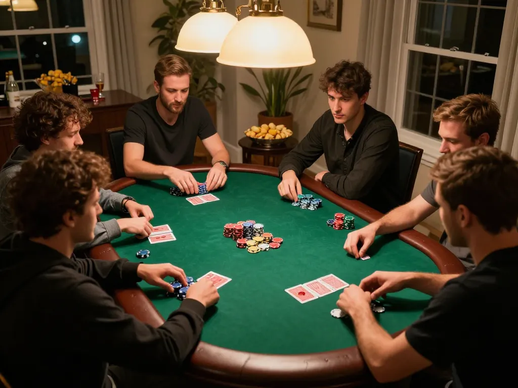KUBET players engaging in an exciting home poker game, showcasing strategic decision-making and social interaction