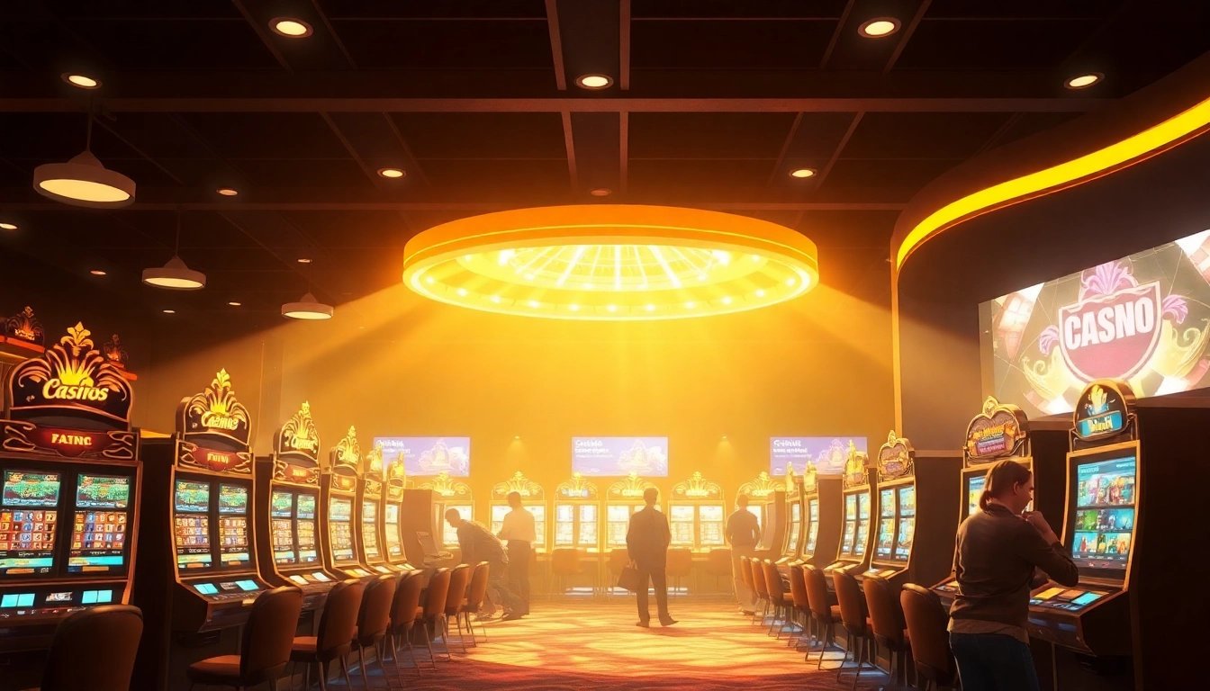 Spielen im Casino ohne Anmeldung: Spieler genießen ein lebhaftes Casino-Setting mit Spielautomaten.
