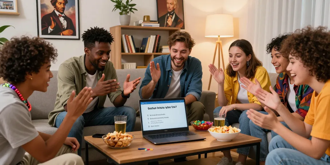 Quiz Allgemeinwissen: Freunde testen ihr Wissen bei einem spannenden Online-Quiz in einer gemütlichen Wohnzimmeratmosphäre.