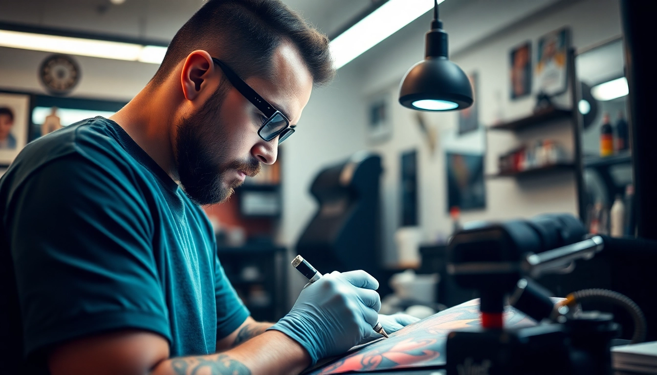 Artist creating a stunning piece at Tattoo Studio München, showcasing vibrant colors and skill.