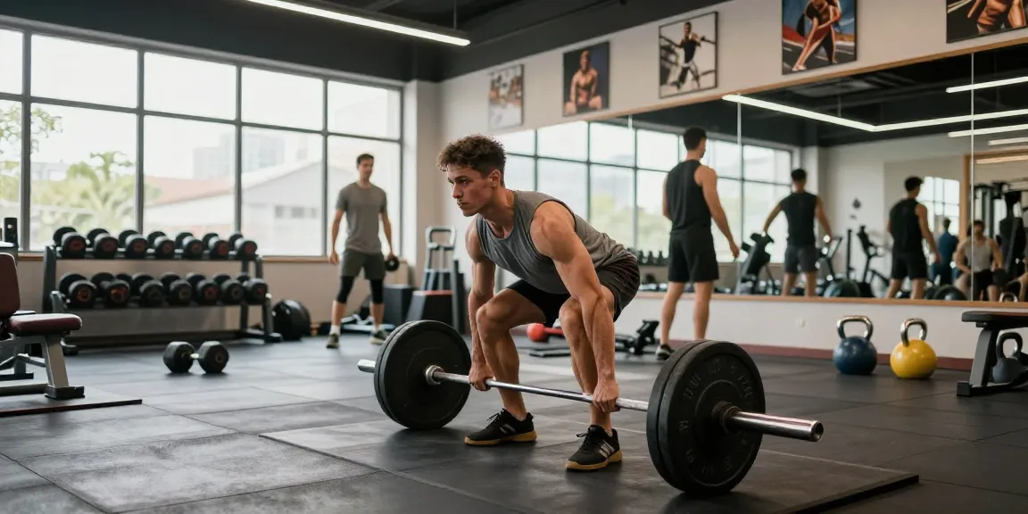 Energetischer Fitnessmoment im Astera Shop mit trainierendem Sportler im modernen Fitnessstudio.