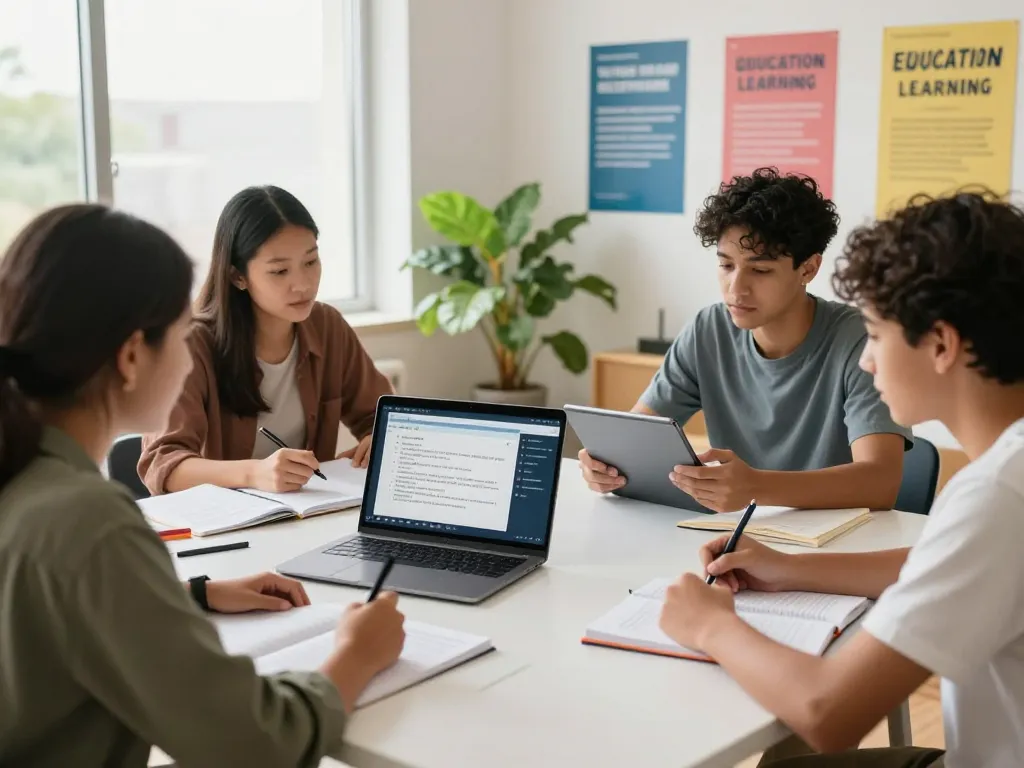 Schüler nutzen Hausaufgaben KI in einer modernen Lernumgebung für kollaboratives Lernen.