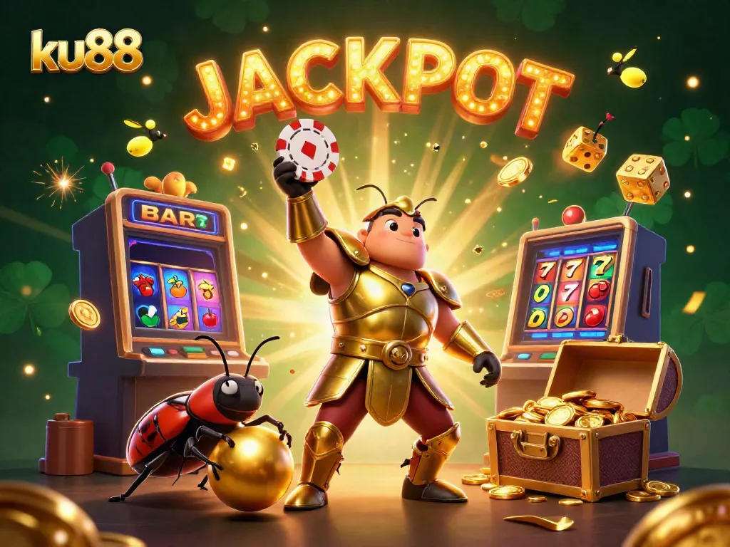 Engage in thrilling gameplay with ku88, showcasing a victorious beetle hero, dynamic casino elements, and a jackpot celebration.