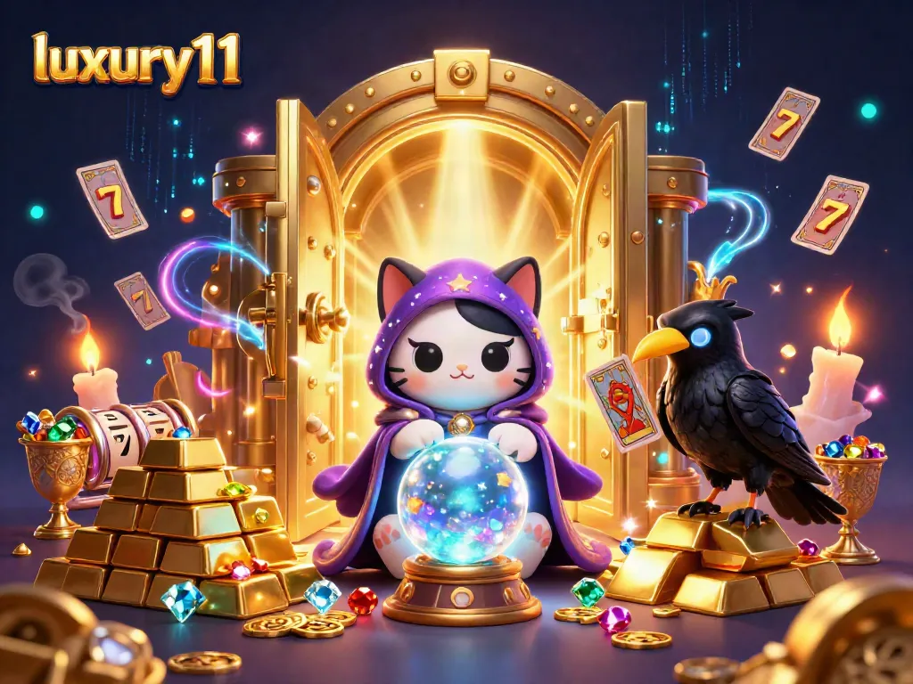 Engage in thrills with luxury111 in a vibrant casino scene featuring fortune teller cat and raven.
