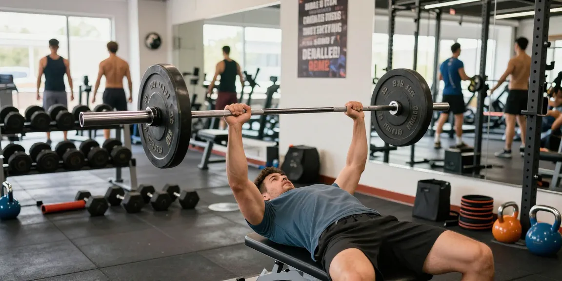 Utinon Steroide: Athlet im Fitnessstudio bei der Bankdrücken-Übung mit Motivationspostern im Hintergrund.