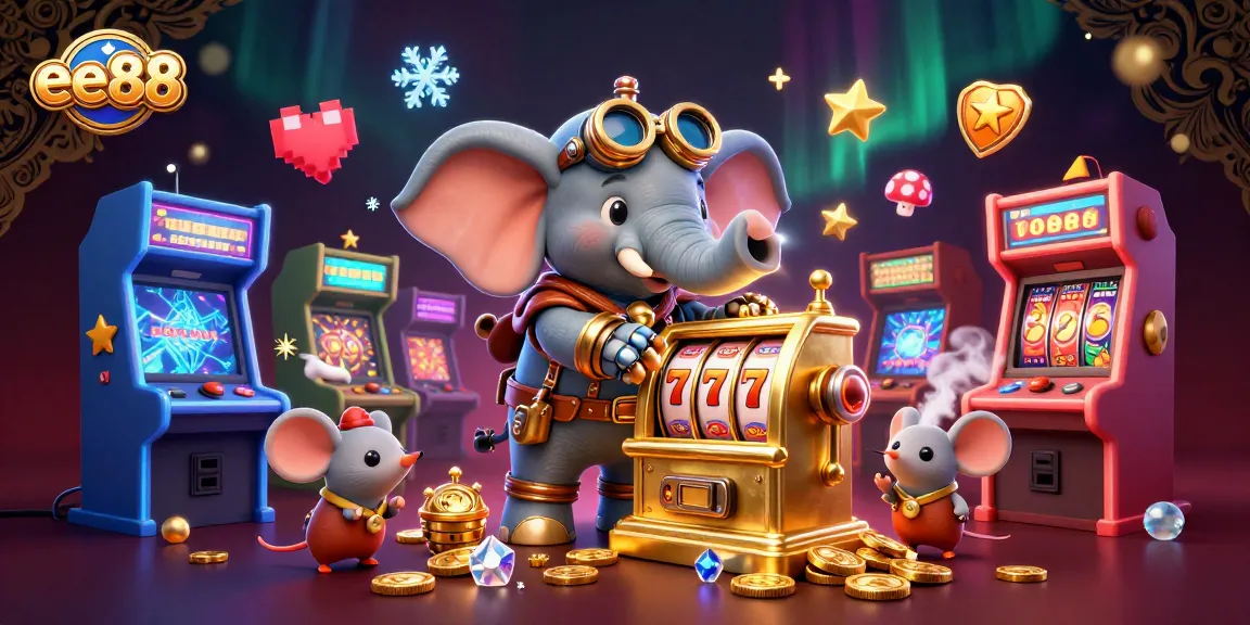 Experience the thrill of ee88 in a dynamic 3D casino illustration featuring gambling elements and vibrant characters.