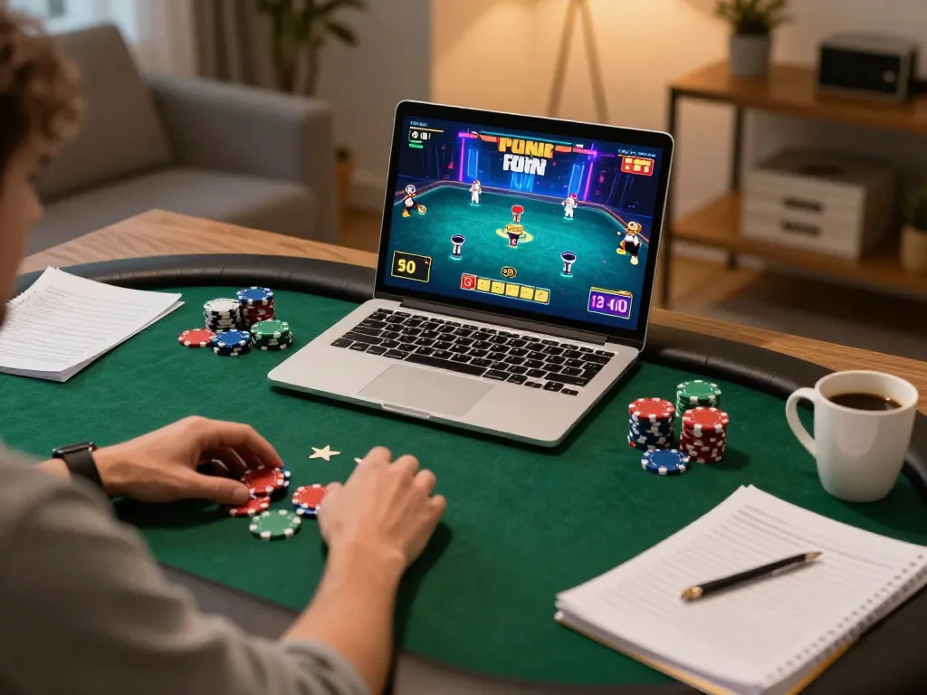 Engaging in an online poker game on laptop, 11win strategy notes and poker chips visible