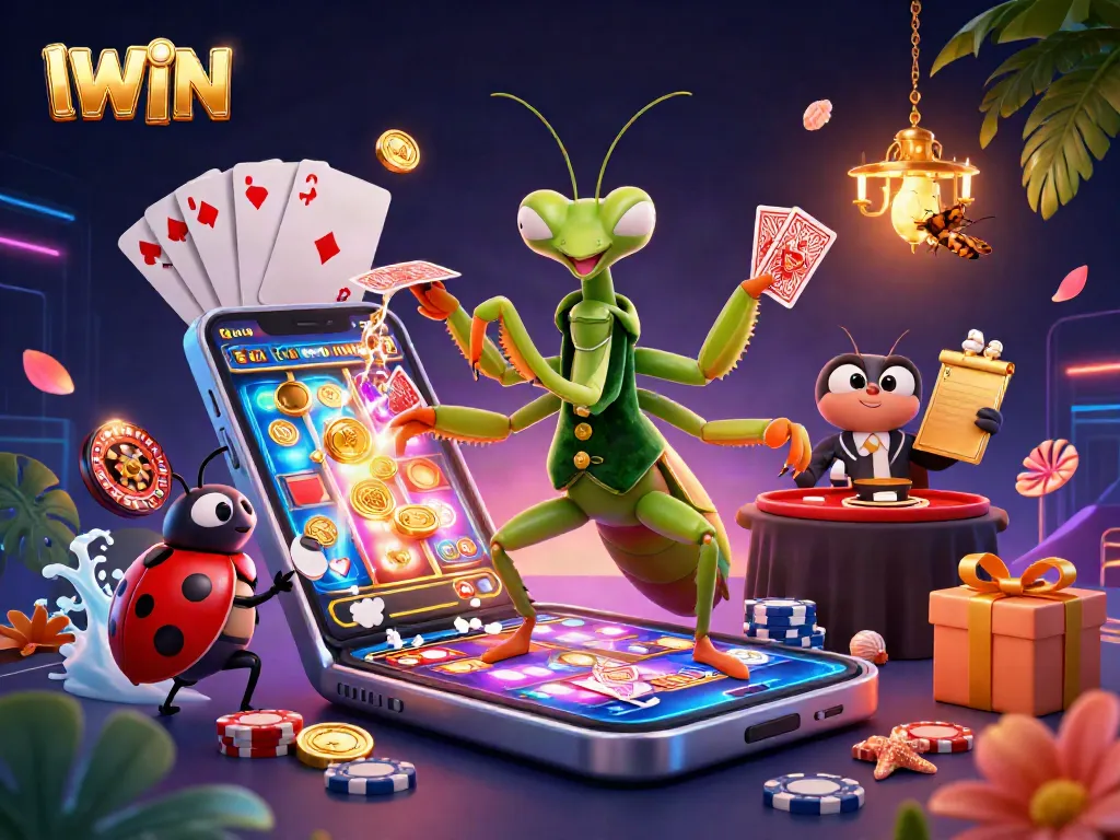 IWIN showcases a dynamic 3D casino scene with the giant mantis card sharp, ladybug pit boss, and engaging gameplay elements.