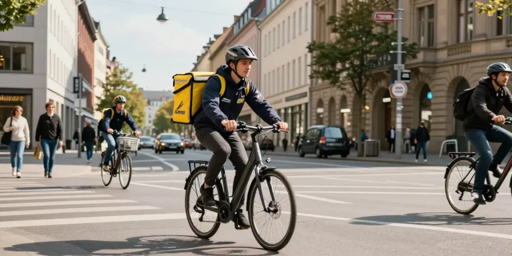 Kurierdienst in Stuttgart: Ein aktiver Kurier auf elektrischem Fahrrad liefert Pakete in der Stadtmitte.