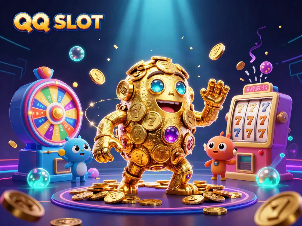 Engage in the QQ SLOT world with a golden golem and dynamic slot machine elements, showcasing vibrant gaming excitement.