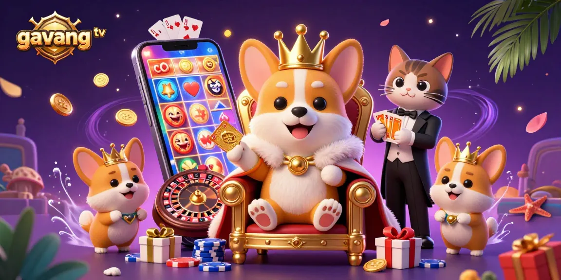 Experience thrilling gaming adventures with gavang tv, featuring a royal corgi on a poker chip throne.