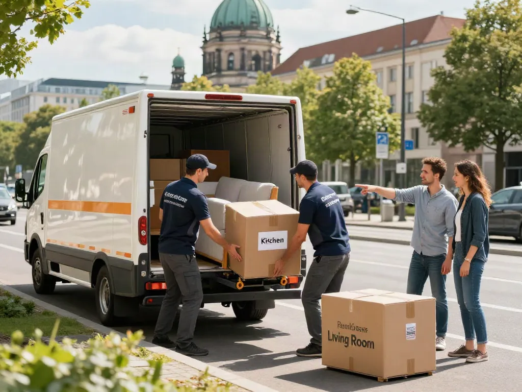 Umzugsunternehmen Berlin team efficiently loading furniture into a moving truck on a sunny day.