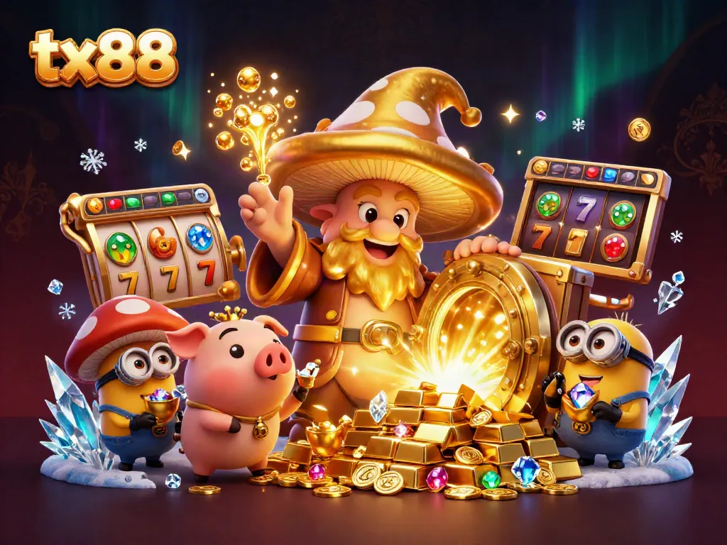 Experience the magic of tx88 with a golden wizard, treasure, and charming game elements in a vibrant casino scene.