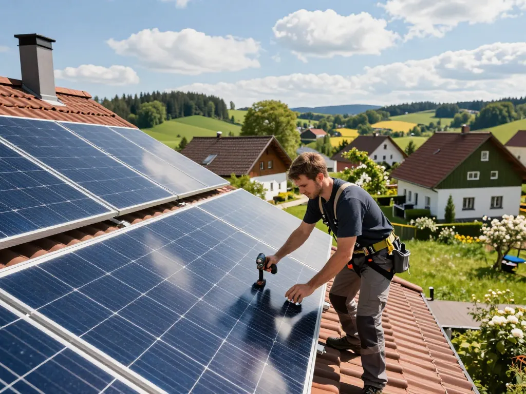 Techniker installiert Photovoltaik Bayern Solarpaneele auf einem sonnigen bayerischen Dach.